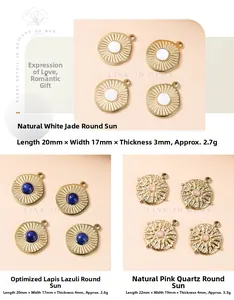Detailed views of sun-shaped pendants in white jade, lapis lazuli, and rose quartz crystals