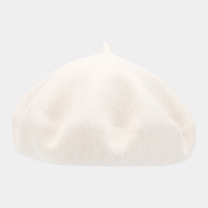 Close-up of the thick warm wool texture and stitching on the off-white beret hat