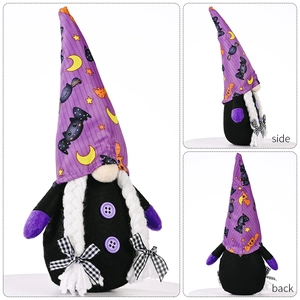 Purple Halloween gnome with bat hat and braids shown from front, side and back view