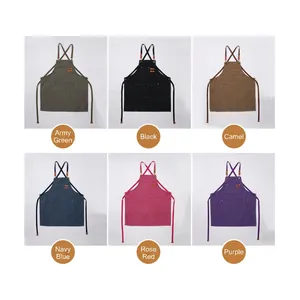 Waterproof canvas work apron with cross back straps and utility pockets in six colors