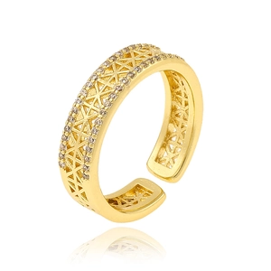 Luxurious 18K gold plated copper ring with micro-set zircon in a hollow geometric design