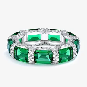 Luxury 925 Sterling Silver Eternity Ring For Women Emerald Cut Rhinestone Row Ring Fashion Stackable Jewelry Ring Gift