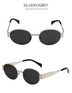 Detailed views of oval metal sunglasses with silver frame and grey lenses in two angles