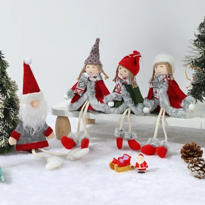 Christmas plush elf and gnome ornaments set with red knitted scarves and long legs for tree decoration