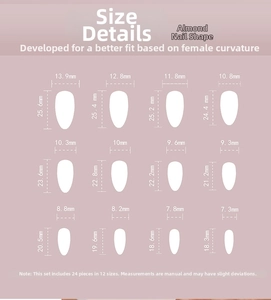 Detailed size chart showing 12 almond shape nail press-on dimensions and lengths