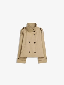 Short khaki double-breasted trench coat with stand collar and waist belt detail