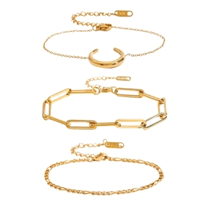 Three-piece 18K gold plated stainless steel bracelet set featuring Figaro and paperclip chains