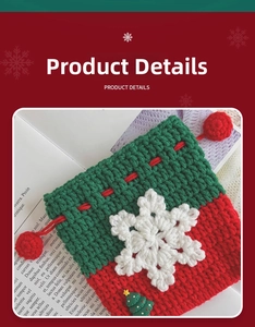 Detail of handmade crochet Christmas gift bag with snowflake and drawstring pom-poms