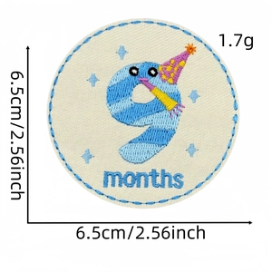 Round baby monthly milestone embroidery patch in blue and white with size markings