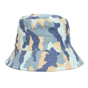 Close-up of camouflage cotton bucket hat showing blue floral pattern and stitched brim