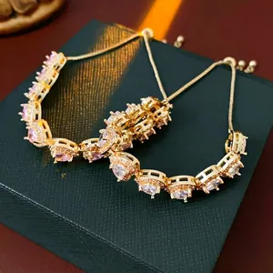 Elegant double-layered heart zircon bracelet with adjustable sliding gold chain for women
