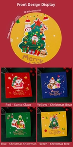 Detail view of four 3D pop-up Christmas greeting cards in red, blue, green, and yellow