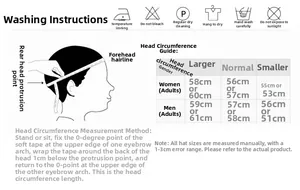 Size guide and washing instructions for men's and women's beret caps and golf hats