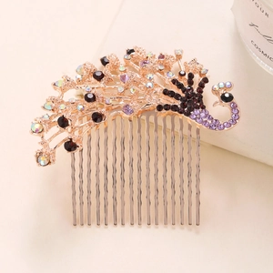 Rose gold peacock hair comb with multicolored rhinestones and pearls for bridal hair styling