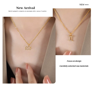 Detail of gold-plated zodiac necklaces with pavé crystals in Aquarius and Gemini styles
