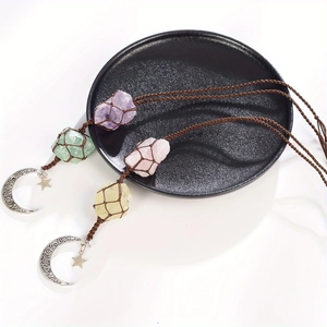 Ornement Suspendu En Pierre Brute De Quartz Rose Améthyste Naturelle Filet De Corde Tissé Main Pendentif Lune Étoile