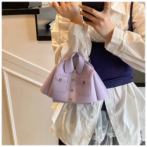 Detail of lavender jacket-style crossbody bag showing shirt collar and silver buttons