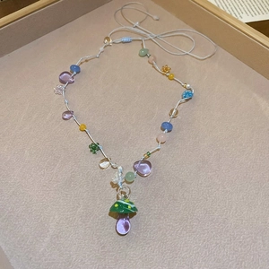 Colorful beaded necklace with green mushroom pendant for sweet summer vacation style
