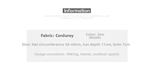 Size guide for corduroy baseball cap showing 56-60cm circumference and 7cm brim details