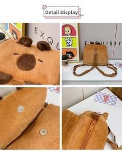 Detail view of the brown plush capybara backpack showing embroidery and metal buckle closure