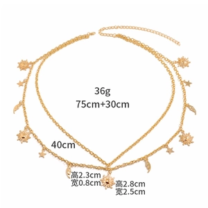 Detailed view of gold sun and moon waist chain with precise size and weight markers