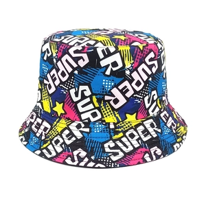 Graffiti bucket hat with colorful SUPER letters and stars print for street fashion