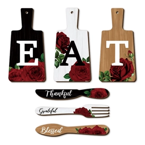 6-piece wooden kitchen wall decor set with EAT letters and red rose floral designs