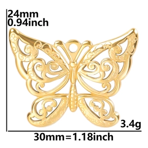 Detailed macro view of a 30mm golden stainless steel butterfly pendant with dimensions