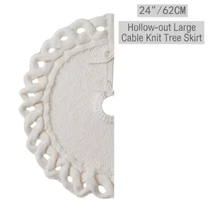 24 inch creamy white hollow cable knit Christmas tree skirt with festive tie closures