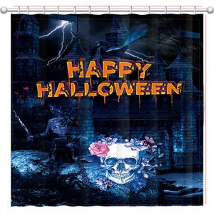Halloween Duschvorhang mit Totenkopf, Schloss und Donner, Größe 180x180cm im Detail
