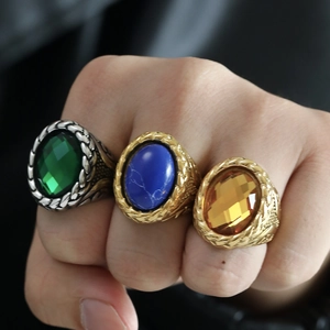 Retro stainless steel men's rings with oval gemstones and woven texture engravings