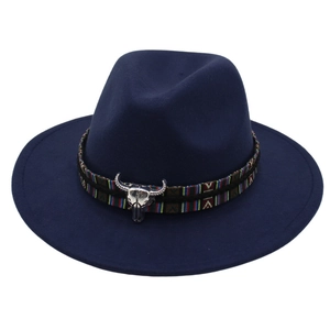 Navy blue wool felt fedora hat featuring ethnic woven band and silver bull head accessory