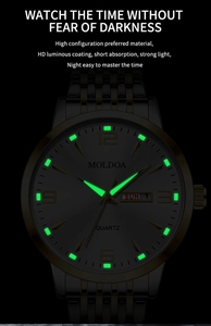 Luminous dial view of quartz watch showing green HD night vision and calendar display