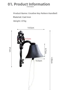 Detail of vintage cast iron doorbell with key bracket and dimensional measurements