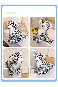 Detailed view of plush snow leopard toy with blue eyes and soft spotted fur in home setting