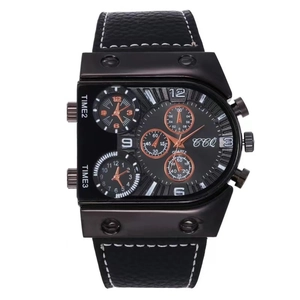 Fashionable outdoor sports quartz watch for men with multiple dials and black leather strap