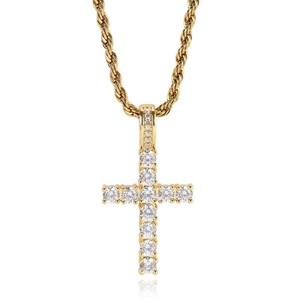 Gold plated hip hop cross necklace with micro-paved cubic zirconia and rope chain