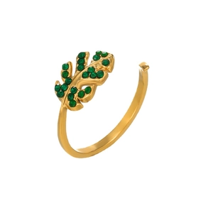 Adjustable leaf open ring in gold finish with green crystals and minimalist nature design