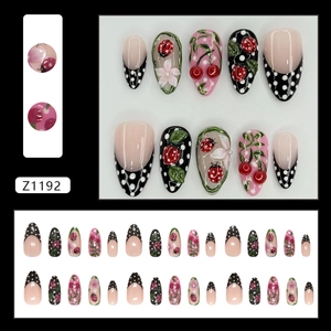 30pcs French press-on nails with 3D ladybugs, pink flowers and polka dots design