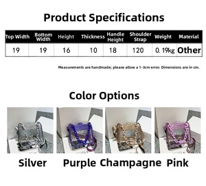 Detailed size chart for clear PVC handbags featuring thick acrylic chains and rhinestones