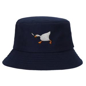 Detail of goose with knife embroidery on navy blue cotton canvas bucket hat