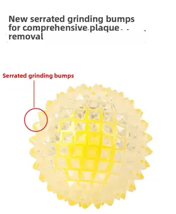 Close-up of serrated dental cleaning bumps on a yellow rubber dog toy ball