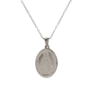 Collana con medaglione ovale della Vergine Maria in acciaio inossidabile lucido