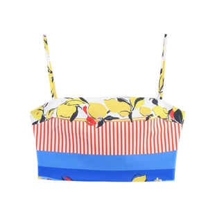 Women lemon print crop camisole and high-waist mini skirt set in colorful patchwork design