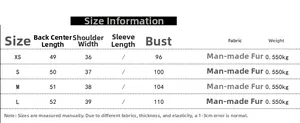 Detailed size chart for faux fur vest showing length shoulder and bust measurements in CM