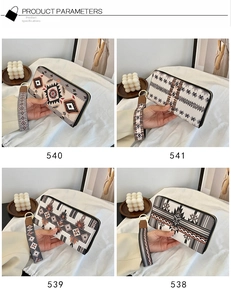 Detailed grid of long zip wallets with ethnic geometric prints and wrist straps