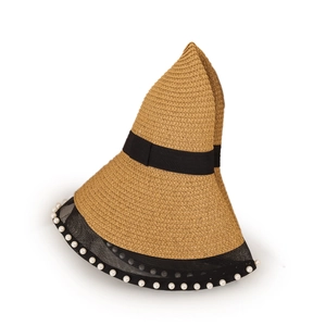 Detailed close-up of straw sun hat featuring black mesh trim and white pearl embellishments