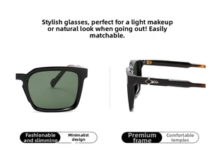 Detail of square black sunglasses with metallic diamond logo and temple patterns