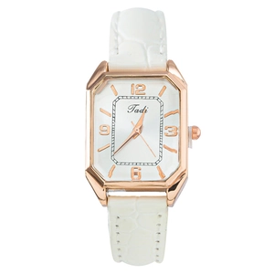 Elegant ladies quartz watch with white crocodile texture strap and rose gold square case
