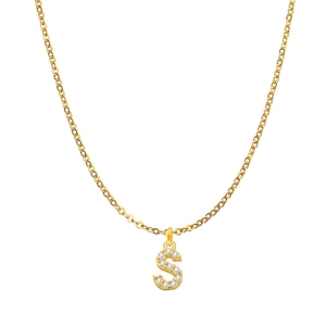 Close-up of golden chain necklace featuring a pavé-set S-letter pendant with crystals